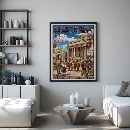 Poster for Columbia University showing Butler Library and students.
