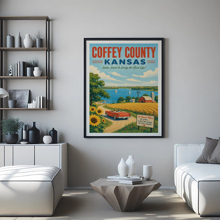 Coffey County, Kansas vintage travel poster with farm and sunflowers.