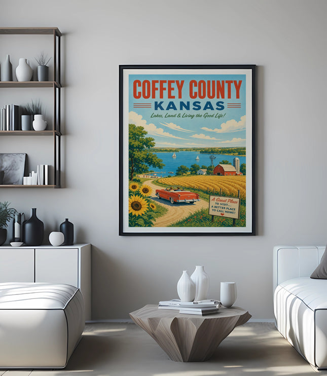 Coffey County, Kansas vintage travel poster with farm and sunflowers.
