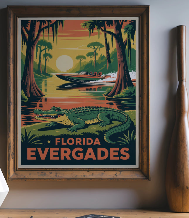 Vintage Florida Everglades poster with alligator and airboat under a sunset.