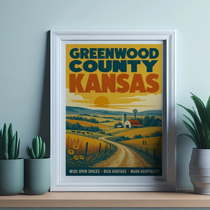Greenwood County Kansas landscape poster with text and rural scene.