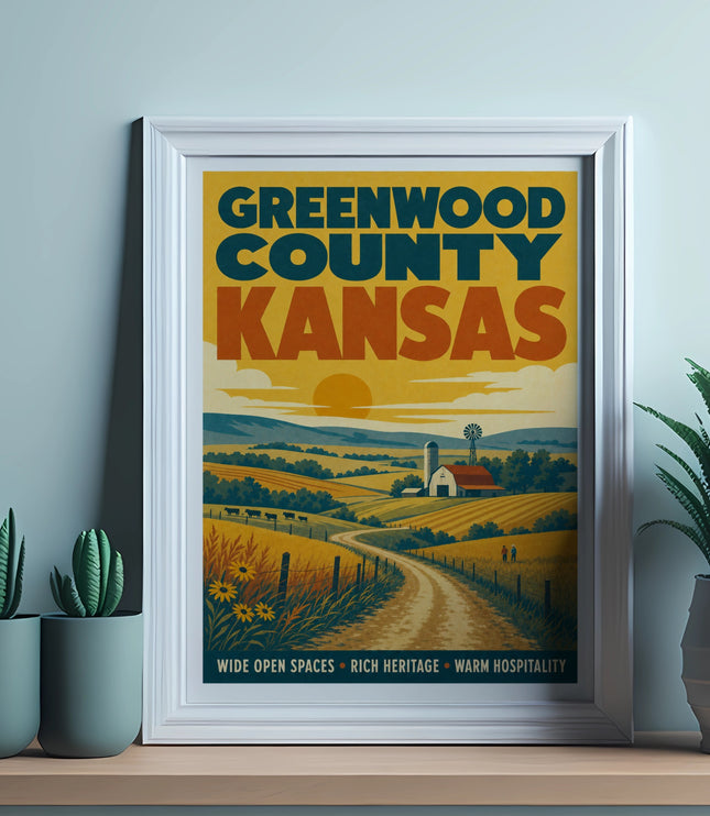 Greenwood County Kansas landscape poster with text and rural scene.