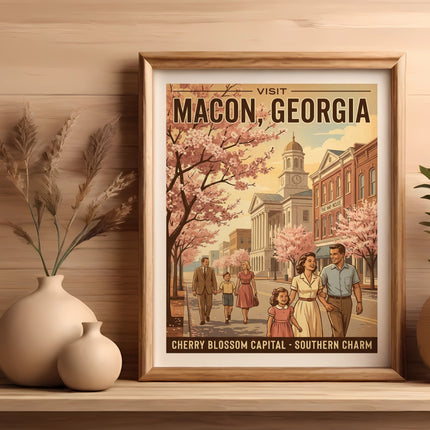 Vintage travel poster for Macon, Georgia featuring people and buildings.