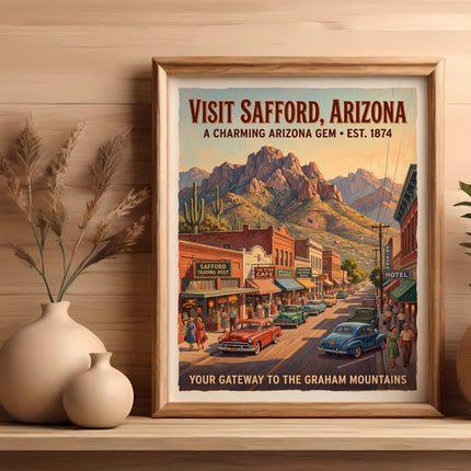 Vintage travel poster for Safford, Arizona, showing buildings, cars, and mountains.