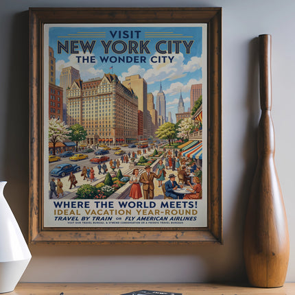 Vintage travel poster for New York City advertising the Wonder City with text.
