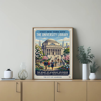 Poster featuring Columbia University Library, Grand Steps & Gardens, New York City.