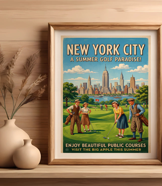 Vintage New York City poster featuring golfers and skyline, "A SUMMER GOLF PARADISE".