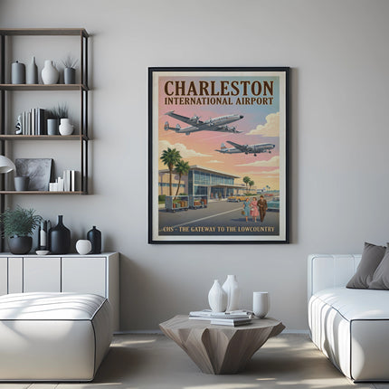 Vintage poster of Charleston International Airport with planes and retro cars.
