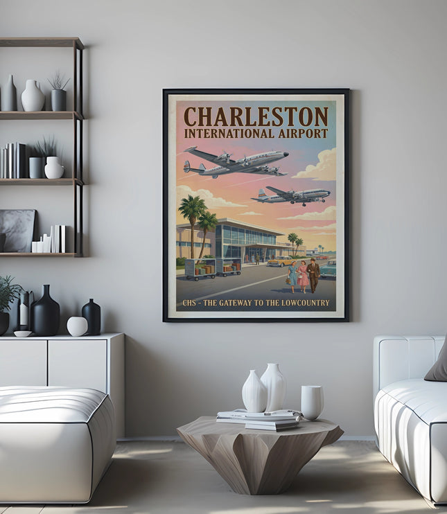 Vintage poster of Charleston International Airport with planes and retro cars.