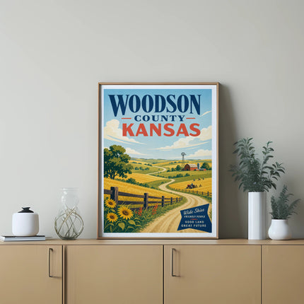 Vintage poster of Woodson County, Kansas with rolling hills, sunflowers, and a farm.
