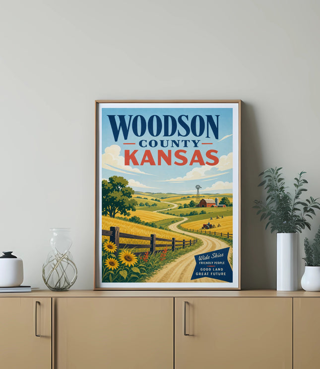 Vintage poster of Woodson County, Kansas with rolling hills, sunflowers, and a farm.