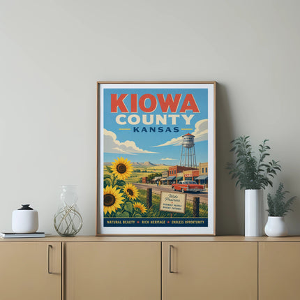 Vintage poster for Kiowa County, Kansas, featuring sunflowers, town buildings, and text.