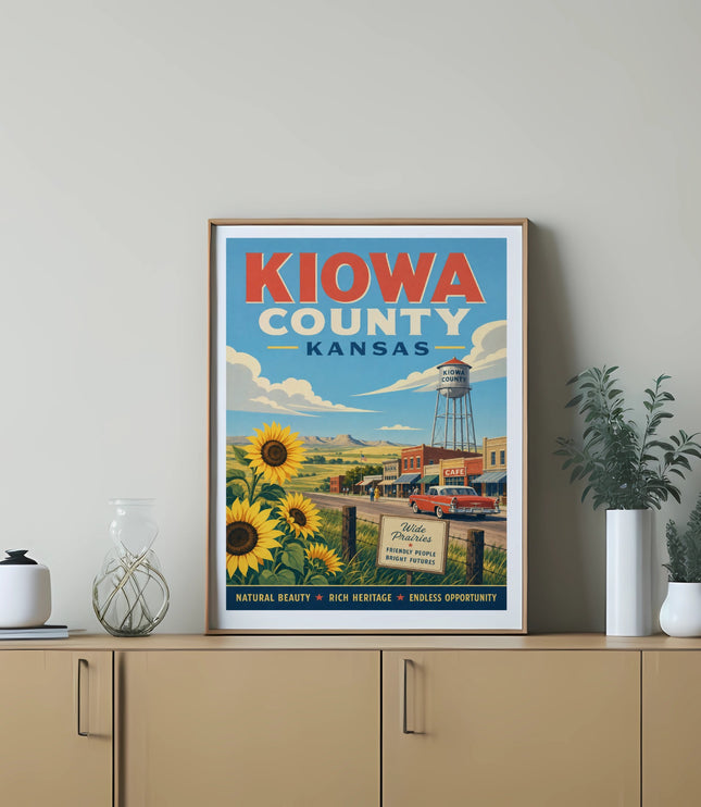 Vintage poster for Kiowa County, Kansas, featuring sunflowers, town buildings, and text.