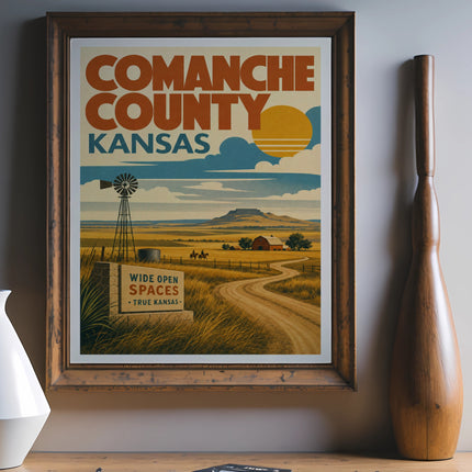 Comanche County Kansas vintage travel poster with windmill and barn.