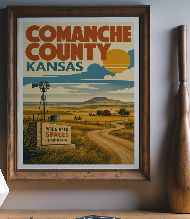 Comanche County Kansas vintage travel poster with windmill and barn.