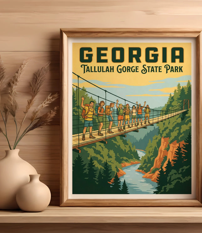 Poster of a group of hikers on a suspension bridge over Tallulah Gorge State Park in Georgia.