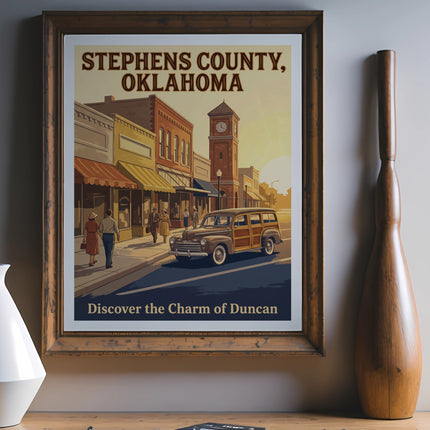 Stephens County Oklahoma poster with a town scene and woodie wagon.