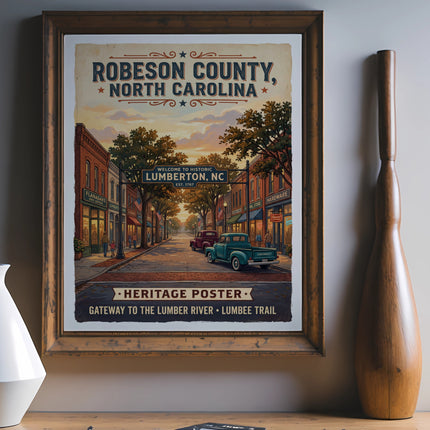 Robeson County, North Carolina heritage poster depicting historic Lumberton street scene.