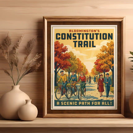 Vintage poster for Bloomington's Constitution Trail with people cycling and walking.