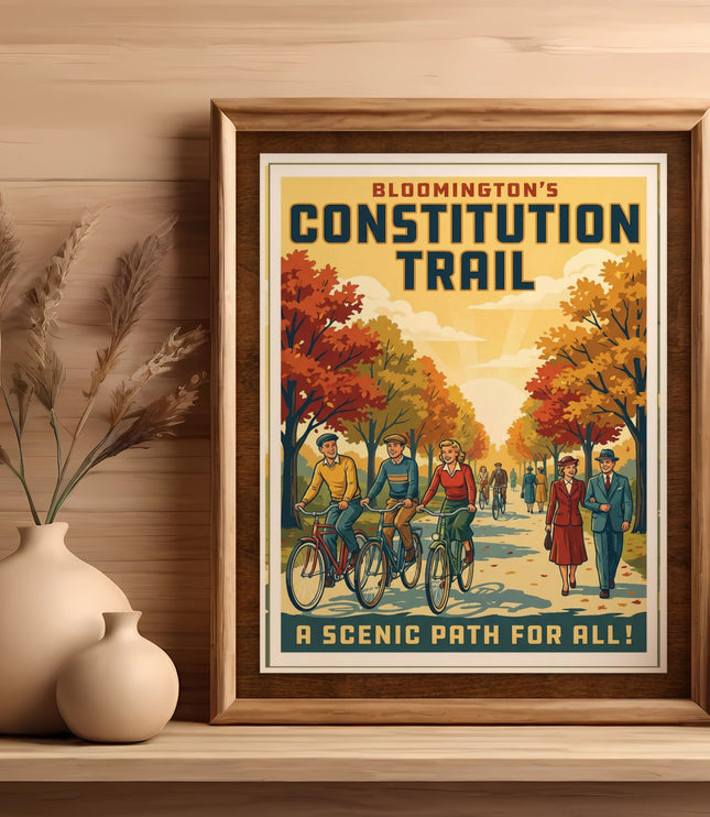 Vintage poster for Bloomington's Constitution Trail with people cycling and walking.