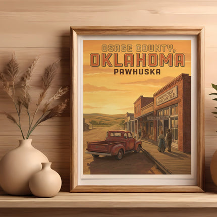 Framed print of Osage County, Oklahoma, Pawhuska with old-time storefronts and truck.