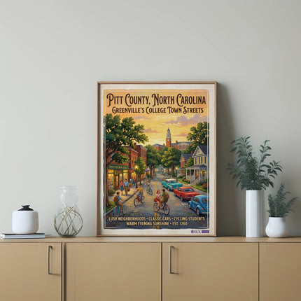 Pitt County, North Carolina poster depicts Greenville's college town streets with cyclists and classic cars.