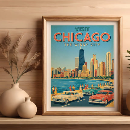 Vintage travel poster of Chicago skyline with cars and people on a waterfront promenade.