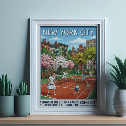 New York City poster depicting tennis in Greenwich Village, sponsored by NYC Parks.