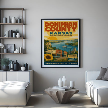 Doniphan County Kansas vintage travel poster with sunflower and river scene.