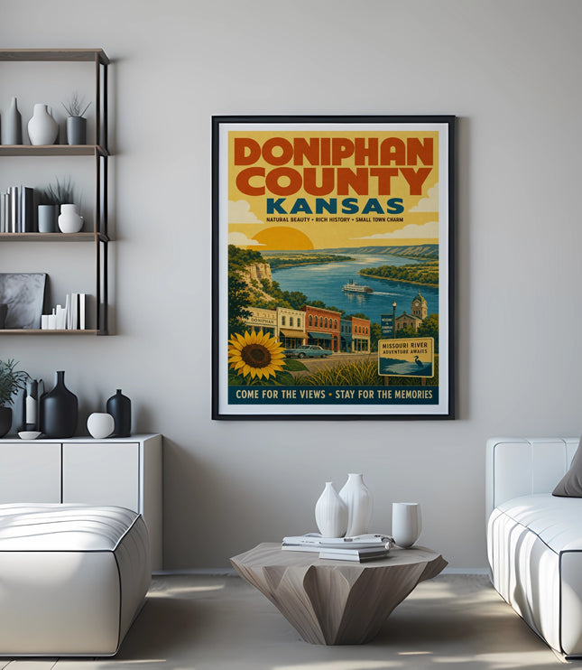 Doniphan County Kansas vintage travel poster with sunflower and river scene.