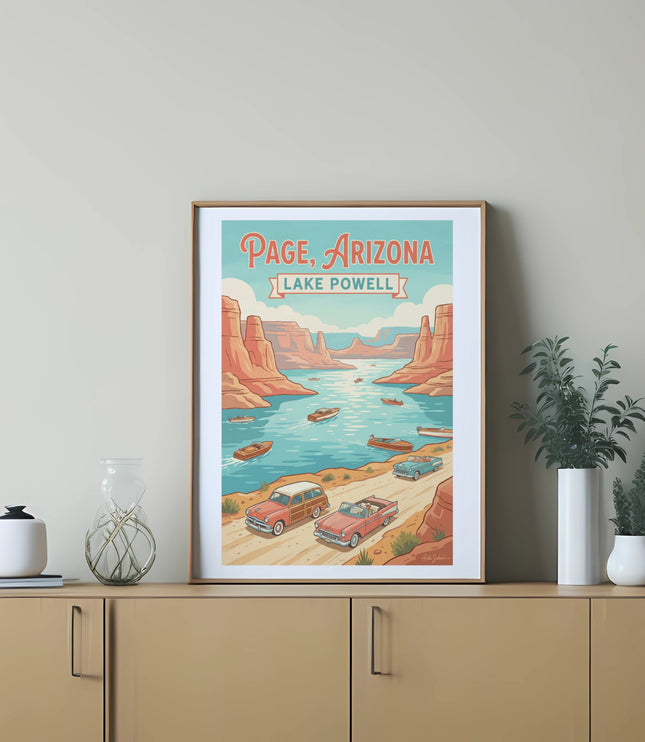 Vintage "Page, Arizona Lake Powell" poster with cars and boats on a lake.