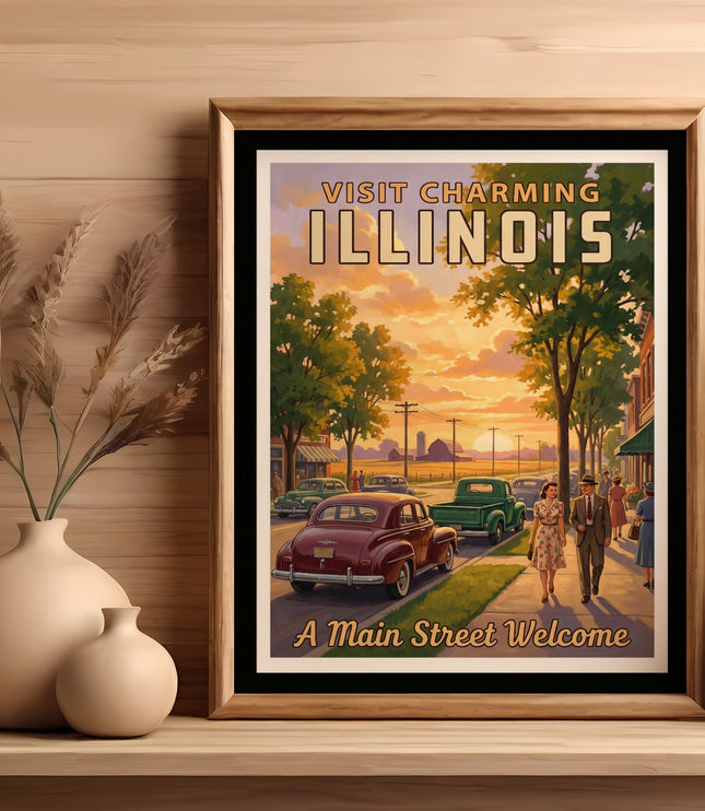 Vintage-style poster reads "Visit Charming Illinois" with a street scene.