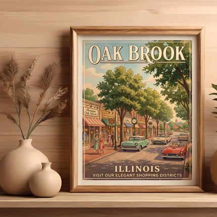 Oak Brook, Illinois vintage travel poster depicting a tree-lined street with shops and cars.