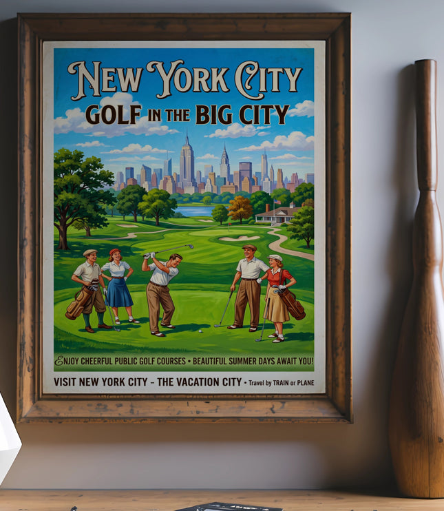 New York City golf poster with skyline, four golfers, and text for product listing.