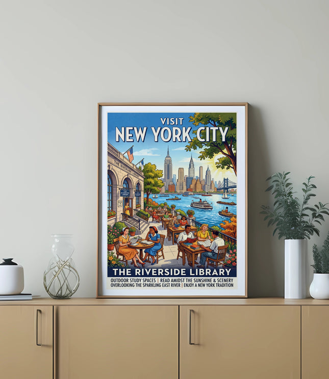 Vintage travel poster for New York City featuring the Riverside Library and cityscape.