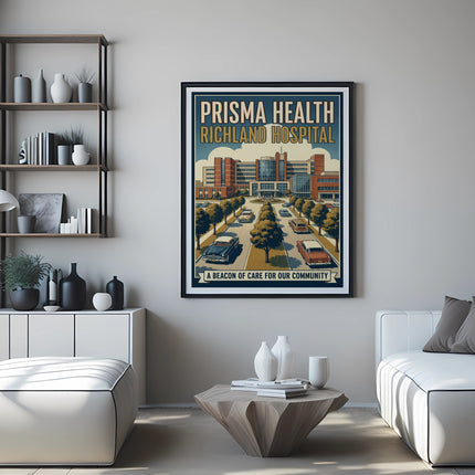 Prisma Health Richland Hospital poster with vintage cars and text.