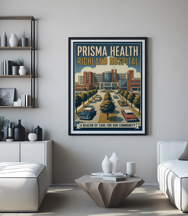 Prisma Health Richland Hospital poster with vintage cars and text.