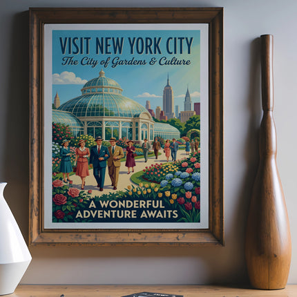 Vintage New York City poster with botanical gardens and skyscrapers, text reads "VISIT NEW YORK CITY".