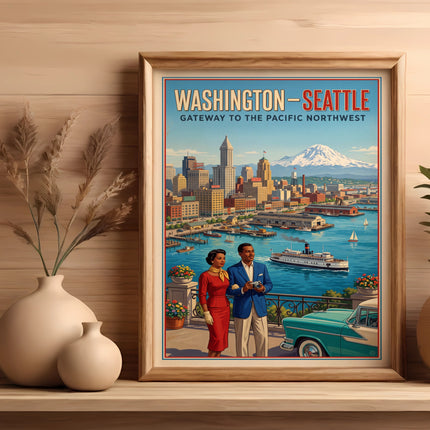 Vintage "Washington-Seattle Gateway to the Pacific Northwest" poster with couple by a car.