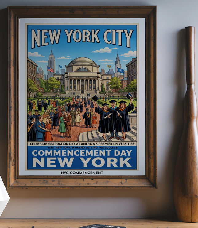 New York City Commencement Day vintage travel poster artwork featuring graduates.