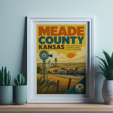 Meade County, Kansas travel poster with windmill and town scene.