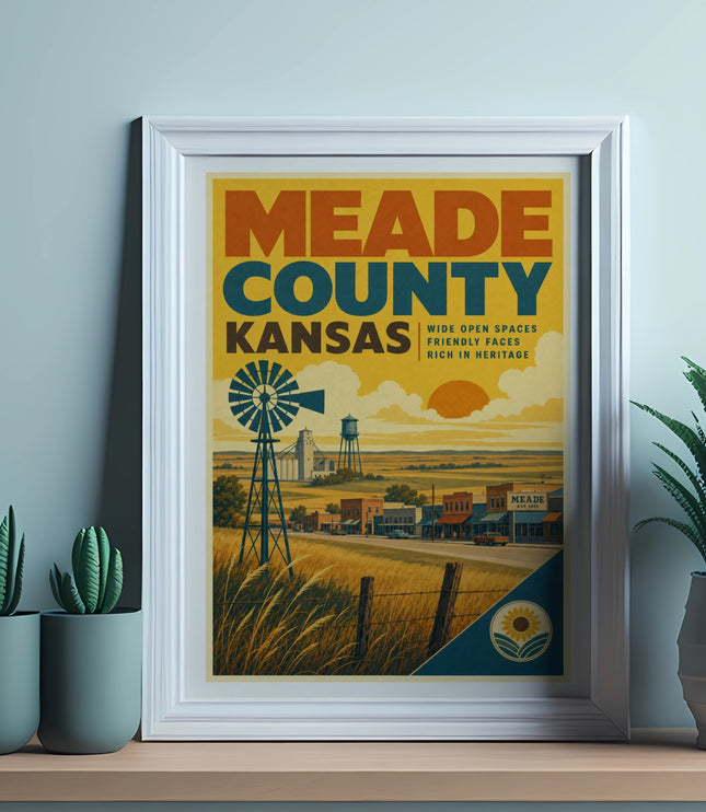 Meade County, Kansas travel poster with windmill and town scene.