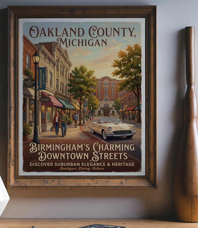 Vintage poster of Birmingham, Michigan downtown streets with a classic car and text.