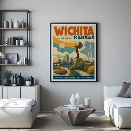 Wichita Kansas travel poster with cityscape and sky.