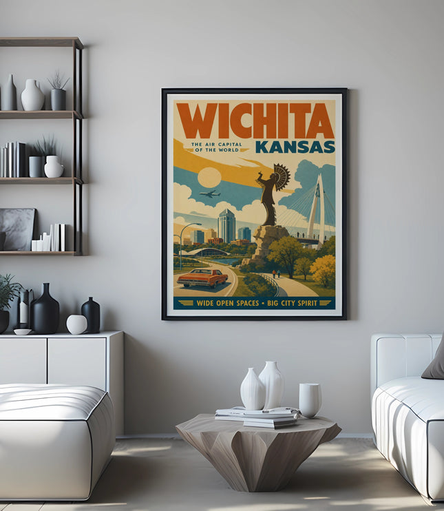 Wichita Kansas travel poster with cityscape and sky.