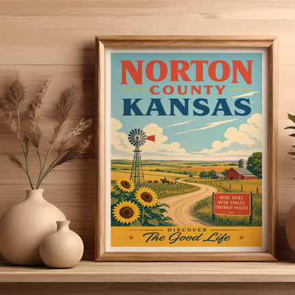 Vintage travel poster of Norton County, Kansas with sunflowers and a windmill.