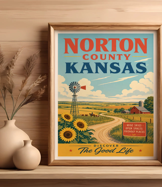 Vintage travel poster of Norton County, Kansas with sunflowers and a windmill.