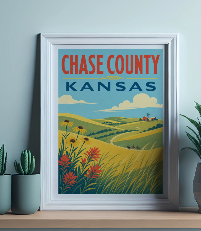 Vintage Chase County Kansas travel poster with rolling hills and a field.