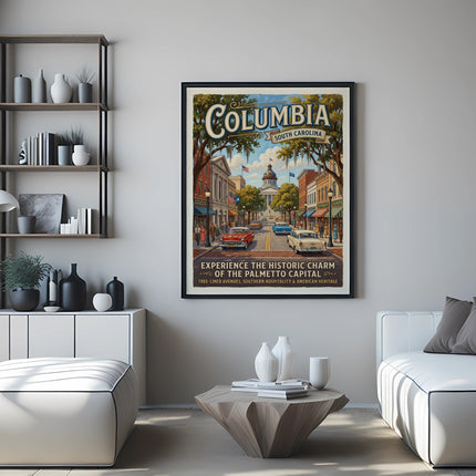 Vintage poster of Columbia, South Carolina, with historic buildings and cars.