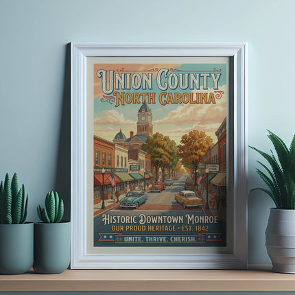 Union County North Carolina vintage poster of historic downtown Monroe.